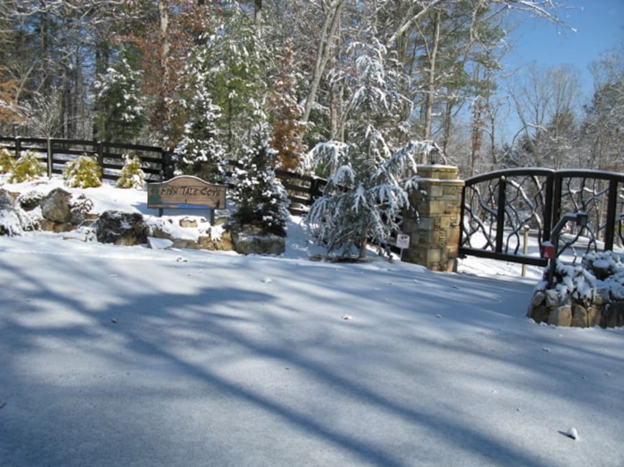 Gated front entrance in the snow.