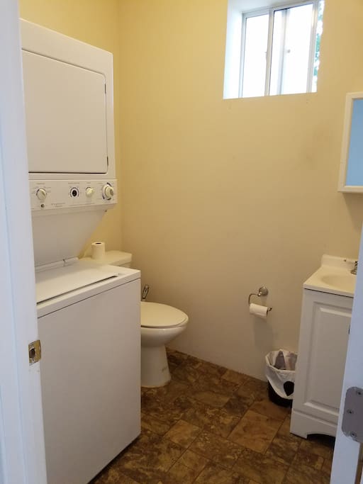 Downstairs bathroom with washer and dryer