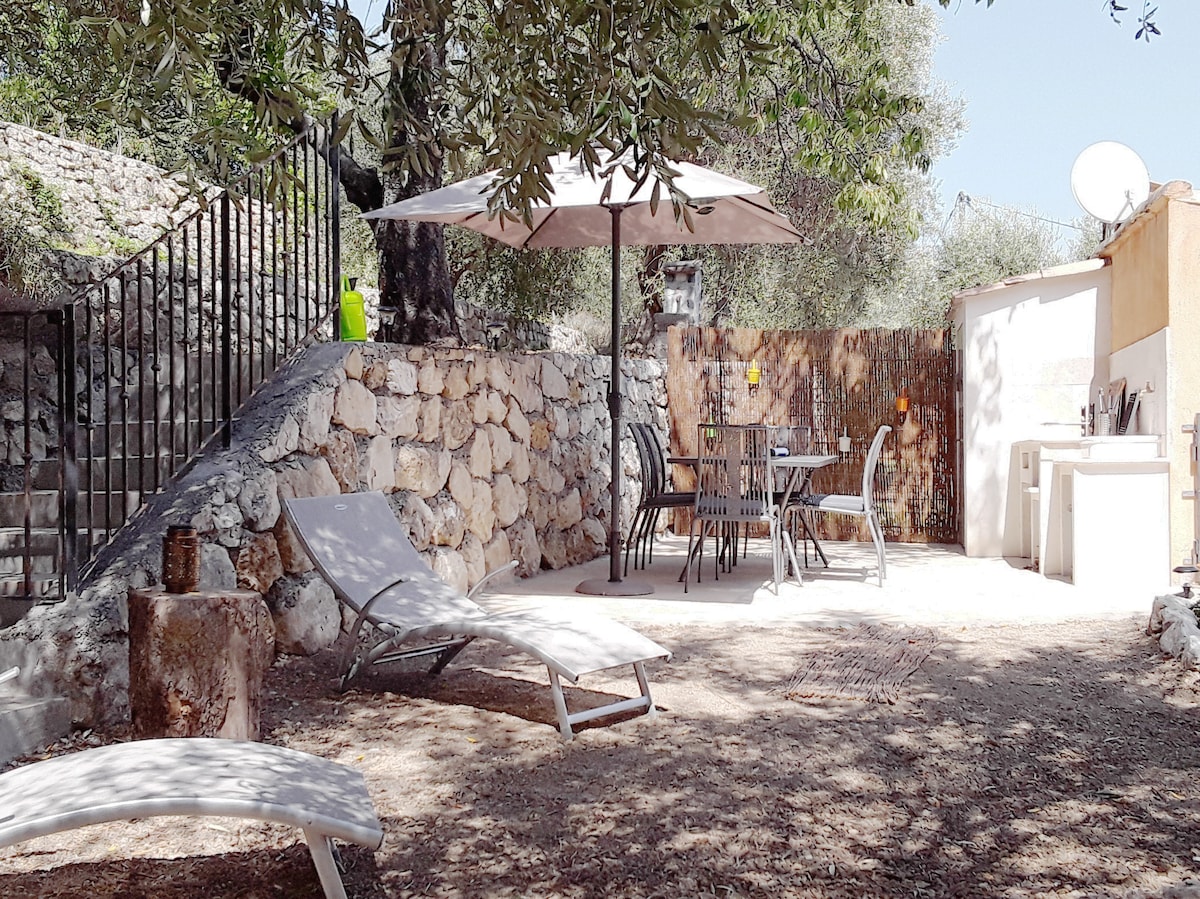 An outdoor seating area is surrounded by natural greenery, featuring a circular table and six chairs. Two lounge chairs are arranged nearby under a spacious umbrella, providing shade. A stone wall and stairs lead to a separate level, while a small outdoor kitchen is visible in the background.