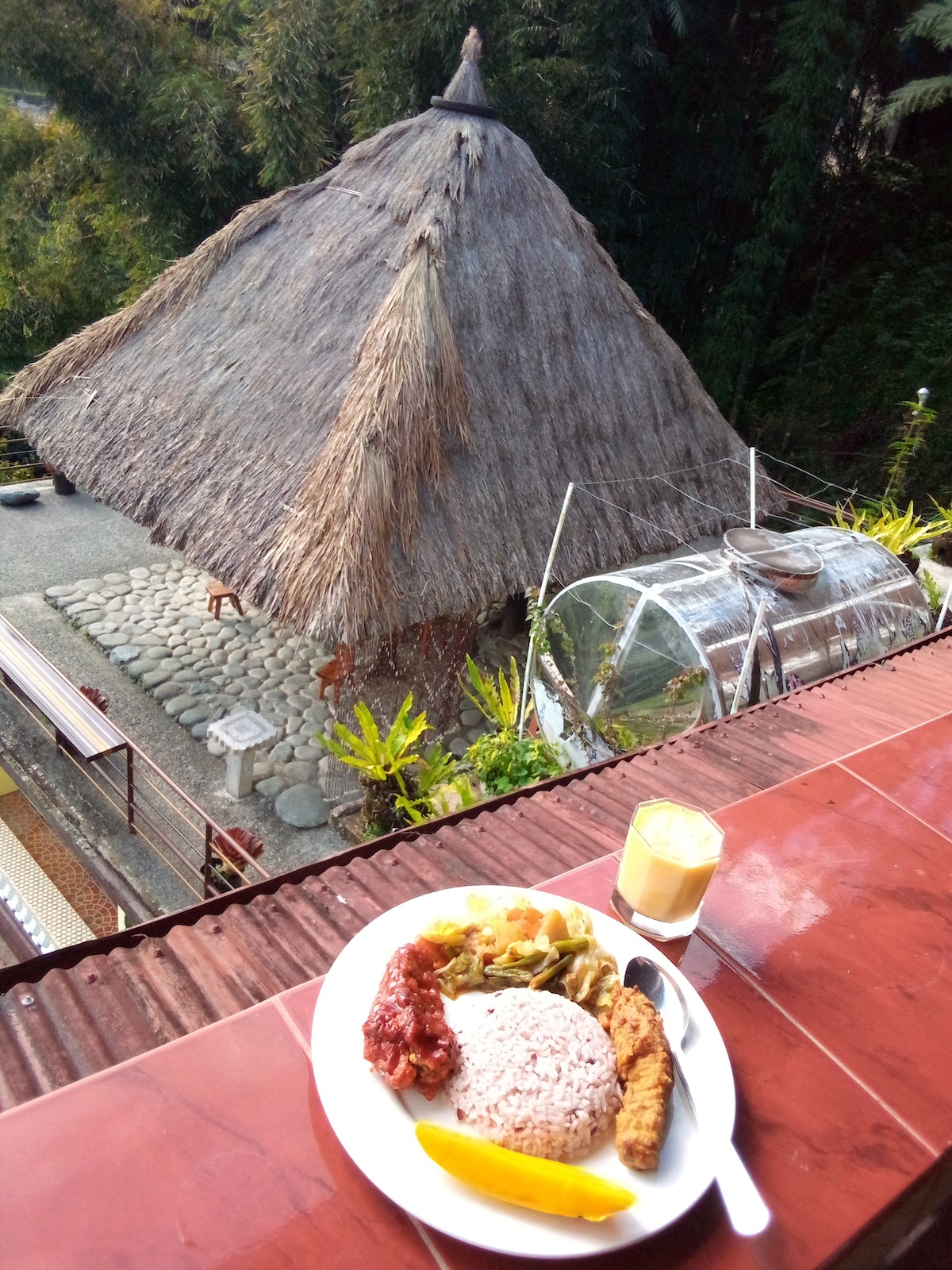 A plate of local cuisine is presented, featuring rice, vegetables, and meat, placed on a terrace. In the background, a traditional thatched-roof hut is framed by lush greenery. The meal is complemented by a small glass of drink, enhancing the inviting setting.
