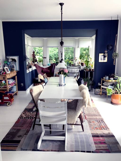Our dining room seats up to 10 people around the adjustable table