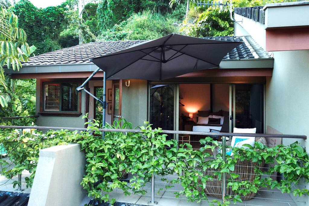 Passionfruit vine-covered deck