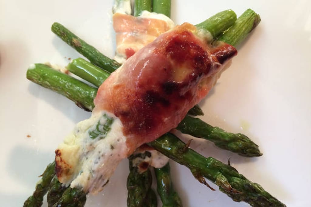 Grilled Roasted Asparagus Wrapped In Herb Chevre & Prosciutto