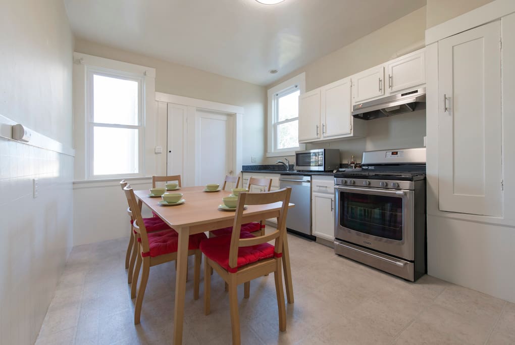 Kitchen has stainless steel 6 burner gas range and oven for the home chef. Bosch dishwasher and microwave comes in handy.