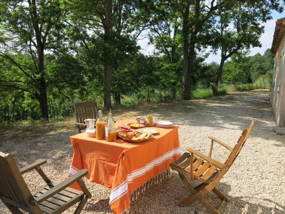 petit déjeuner avec produits de la région. inclus jus et confitures bio, fruits, viennoiserie, tartines, thé,café.. Petite participation.