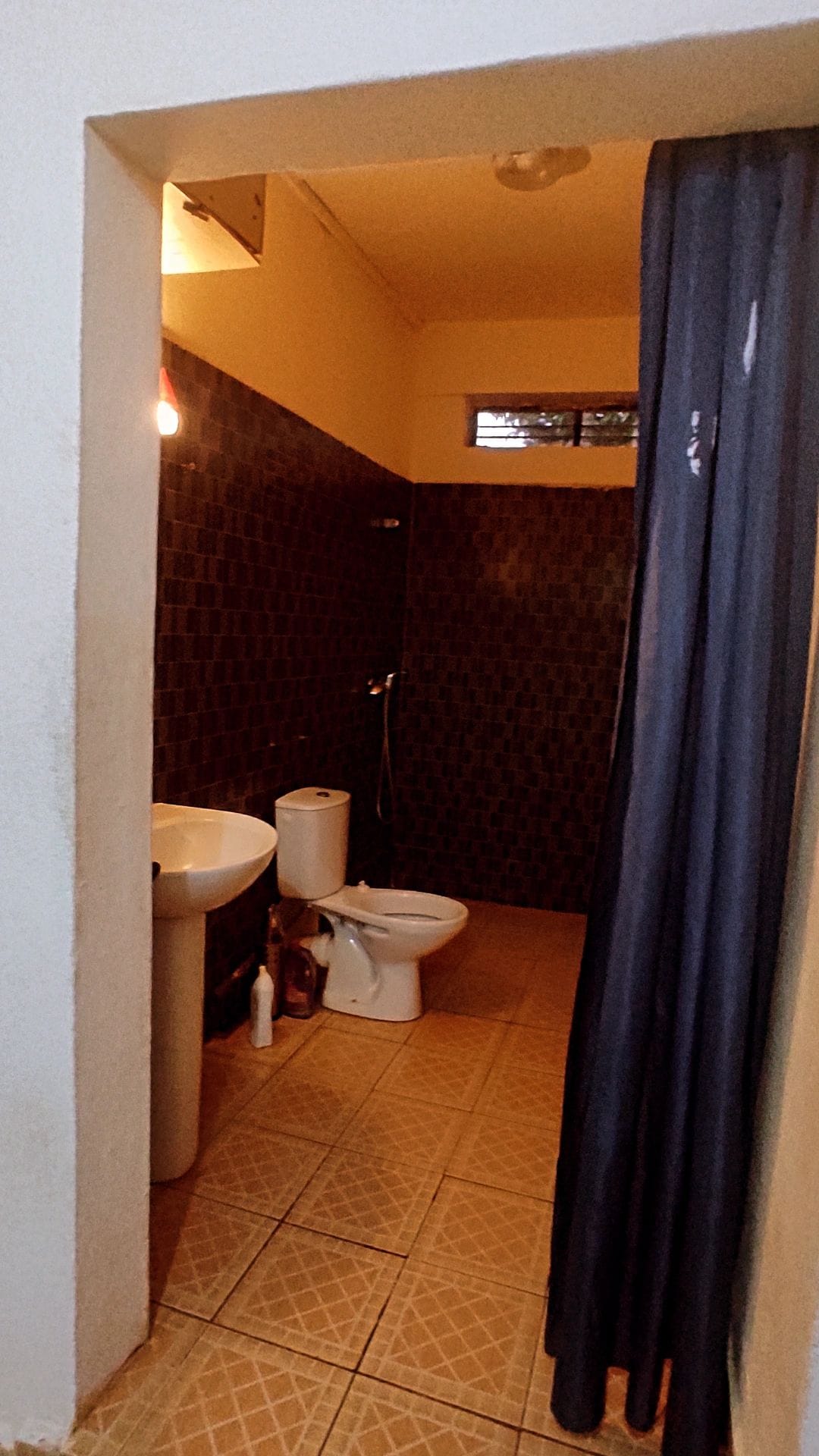A bathroom is visible, featuring dark tiled walls and a shower area. A toilet is positioned next to a sink, complemented by a large mirror. Natural light filters through a small window above the shower, and a shower curtain adds privacy to the space.
