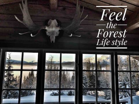 Secluded ski lodge overlooking sea & montains