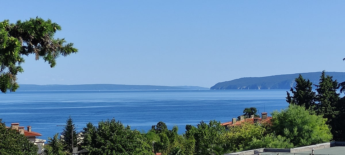 A panoramic view of the serene coastline is presented, featuring calm blue waters meeting the sky in the distance. Lush greenery and trees in the foreground provide a natural frame, enhancing the tranquil setting of the scene.