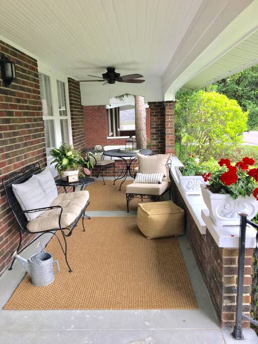 The front porch is a great place to enjoy your morning coffee or evening cocktail. The ceiling fan provides a nice breeze in the hotter months and keeps the bugs away.