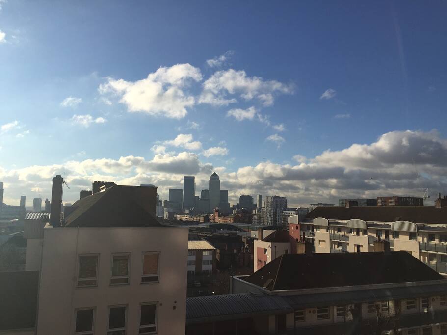 view towards Canary Wharf at terrace, it is beautiful at night