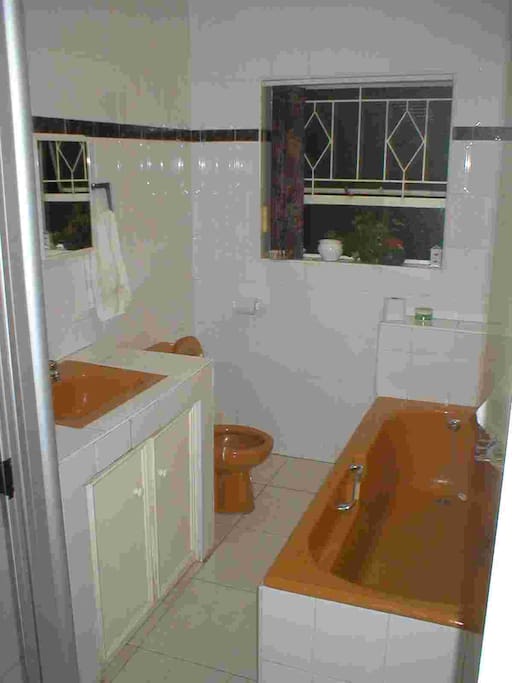 Shared bathroom: Shower, basin, toilet, bath.