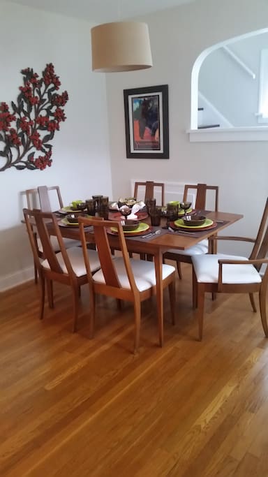 Dining, fiesta style. Fiesta dinnerware colors may vary by season. Pleather seats for easy wipe up. Table has 2 leaves and hot pad/table protectors. Table cloths also available.