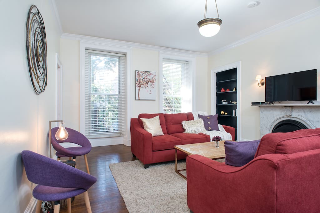 The living room. There are two large sofas and two beautiful accent chairs - comfy and spacious enough for 6 guests!