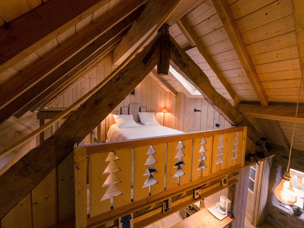A cozy mezzanine bedroom is visible, featuring a spacious bed and wooden walls that create a warm ambiance. Natural light filters through a skylight above, and a decorative wooden railing adds charm to the open space below.
