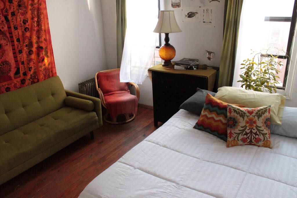 Comfy twin bed, and fold-out sofa as an additional bed
