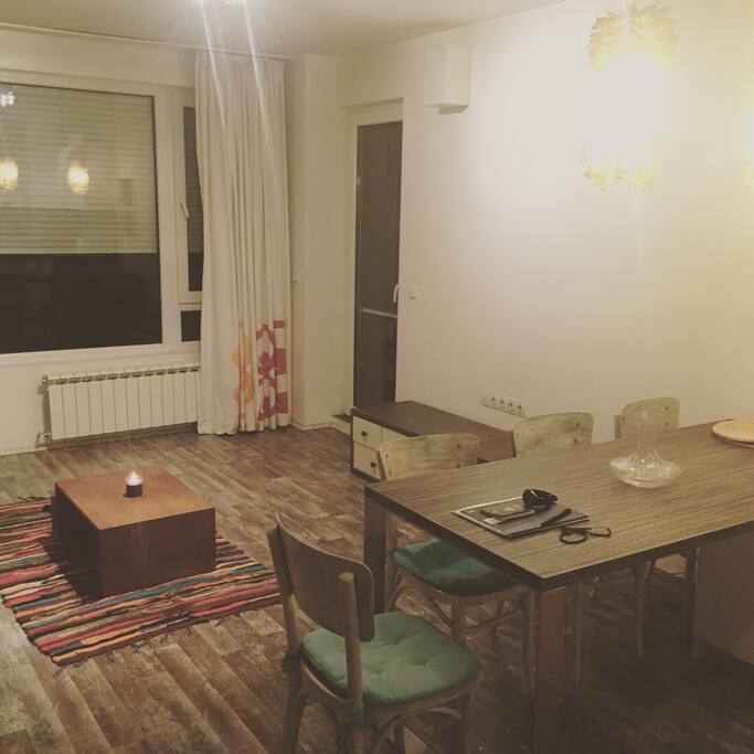 Living Room + Kitchen ( Where I will sleep when you are here :) )
