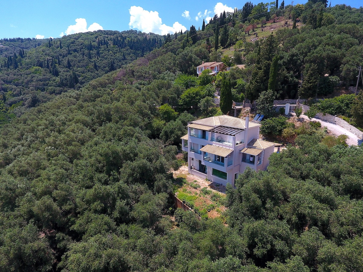 The villa is set amid lush greenery, surrounded by olive trees that extend into the distance. A two-story structure is visible, with large windows and balconies offering views of the natural landscape. The serene location conveys a sense of privacy and retreat.