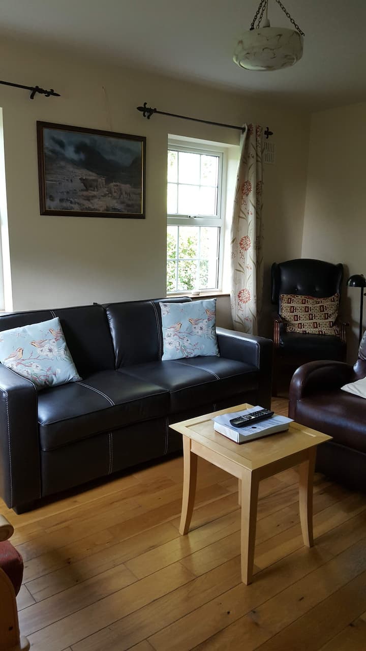 Bright, comfortable sitting room with double sofa bed, and reading area.