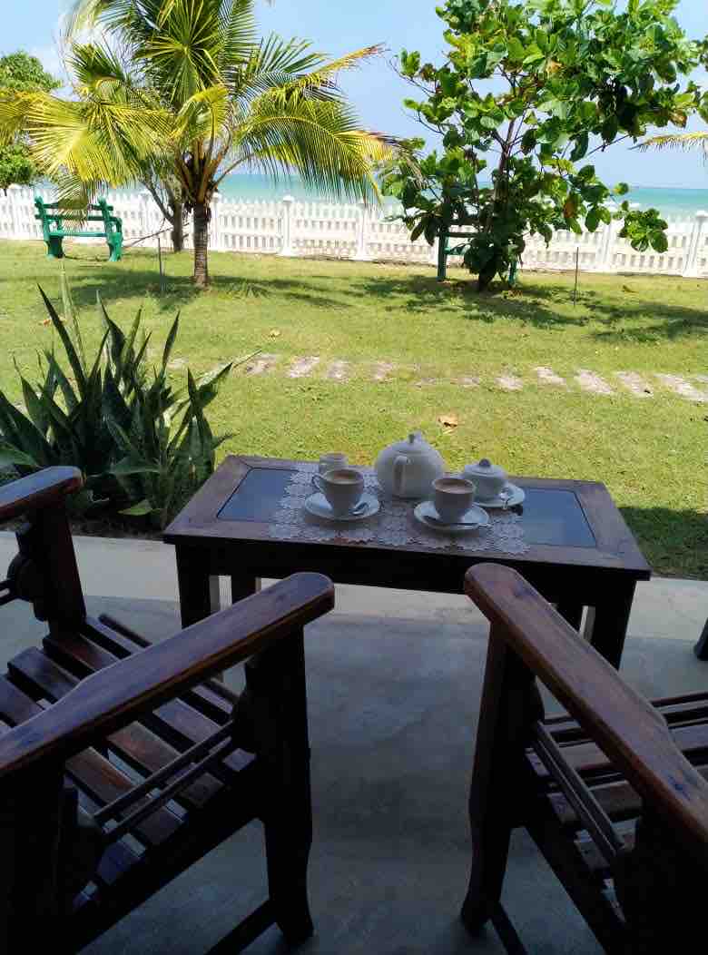 A small wooden table is set with tea cups and a teapot, positioned between two chairs. Lush green grass surrounds the area, with palm and other tropical plants adding to the scenery. The beach and ocean are visible in the background.
