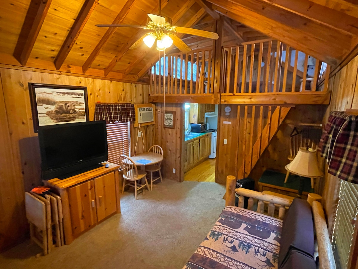 A rustic interior features wood-paneled walls and high vaulted ceilings with exposed beams. A comfortable living area includes a sofa and a large television. A dining table for four is set beside the kitchen area, with wooden accents and soft lighting enhancing the space.