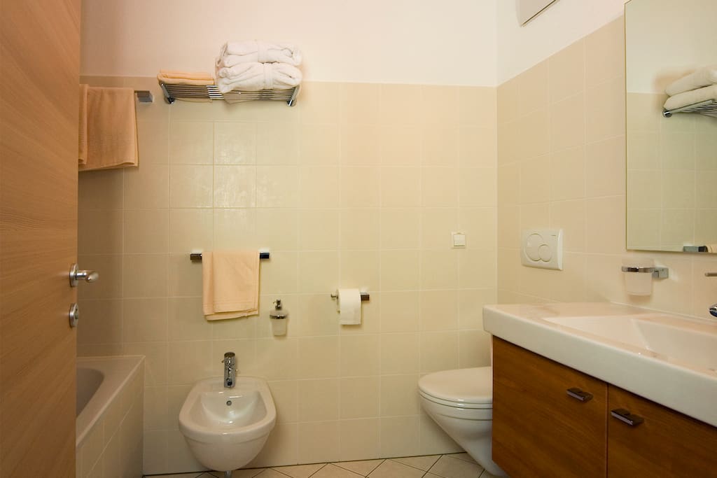 Badezimmer mit Badewanne und Duschvorrichtung, WC, Bidet und Föhn
