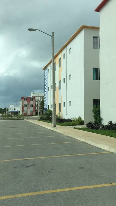 Outside with parking lot for one car