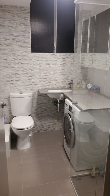 Recently renovated bathroom with washer/dryer.