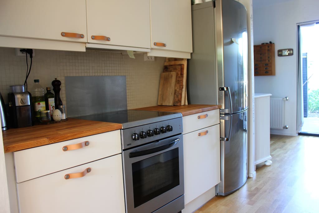 Kitchen with induction stove, oven, refrigerator and freezer.