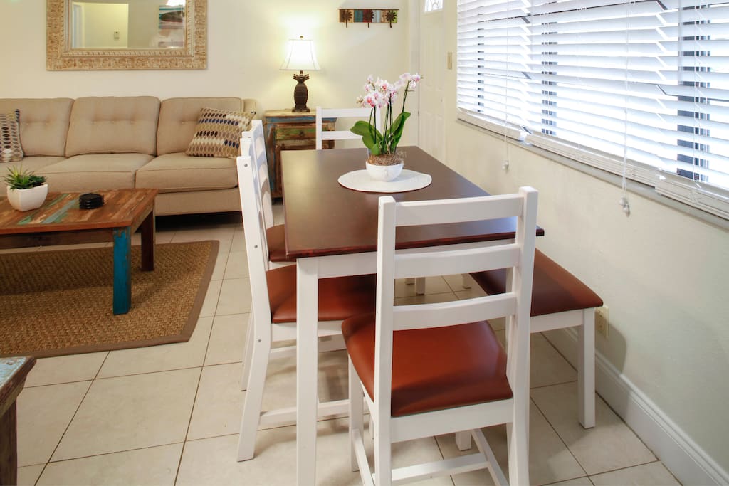 Dining table with bench, seats 6