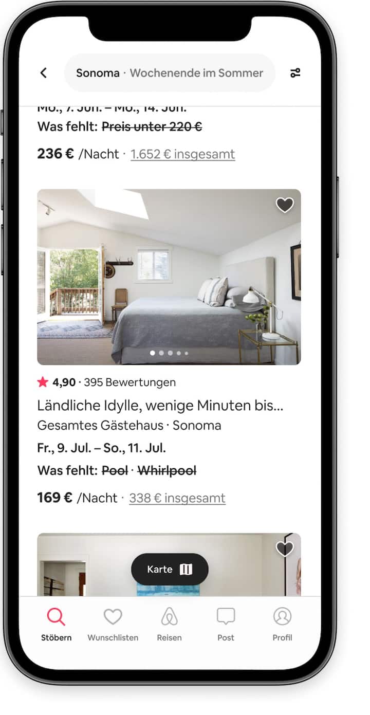 Inserate für Unterkünfte in der Airbnb-App, bei denen ein oder zwei Suchfilter nicht passen