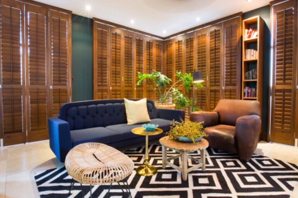 Cozy lounge with soft interior lighting.
