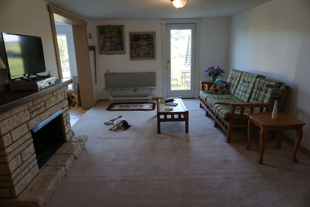 Generous and comfortable family area with a modest selection of books for adults and children and movies and board games.