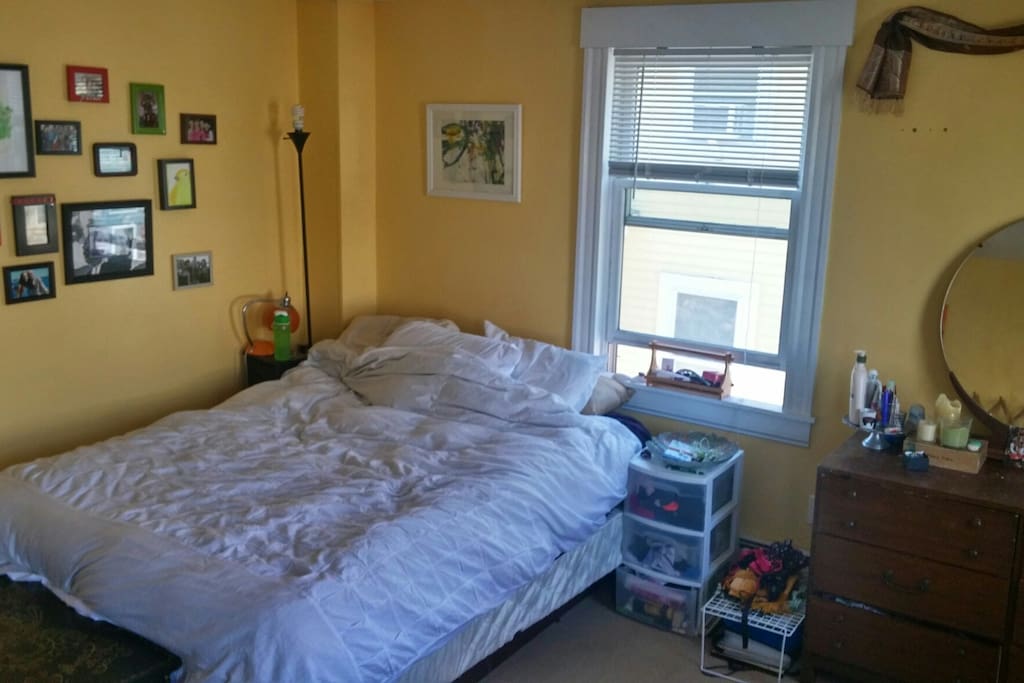 Spacious room. Lots of light with 3 windows! Record player!