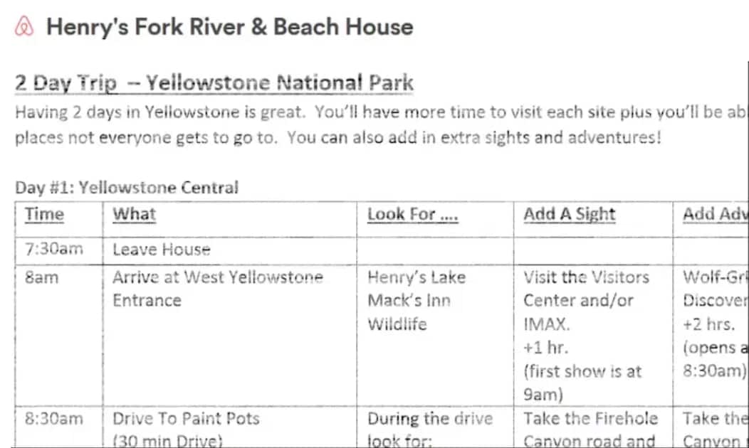 A detailed itinerary for visiting Yellowstone National Park is displayed. Key points include mentions of Henry's Lake, local attractions, and suggested activities. The document suggests visiting Mack's Inn Wildlife and attending a film at the visitor center, with timings for events outlined.