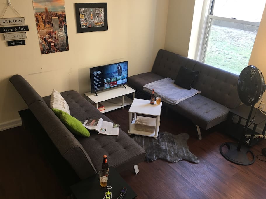 Living room with 2 sofa beds in which up to 4 people can sleep. Smart Roku TV - NETFLIX and pc phone streaing. There is a fan for cooling.