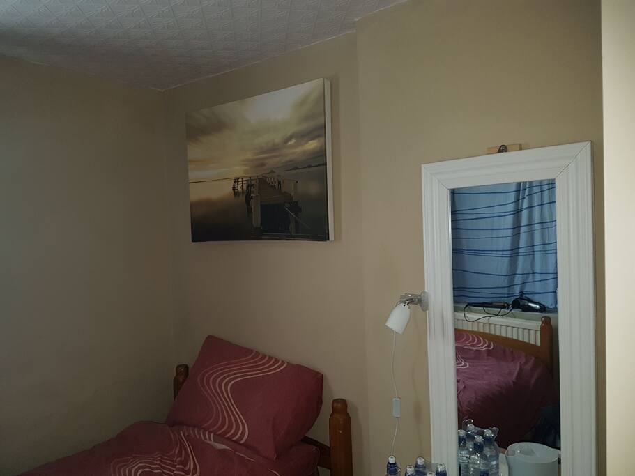 Bed & a long mirror in the room
