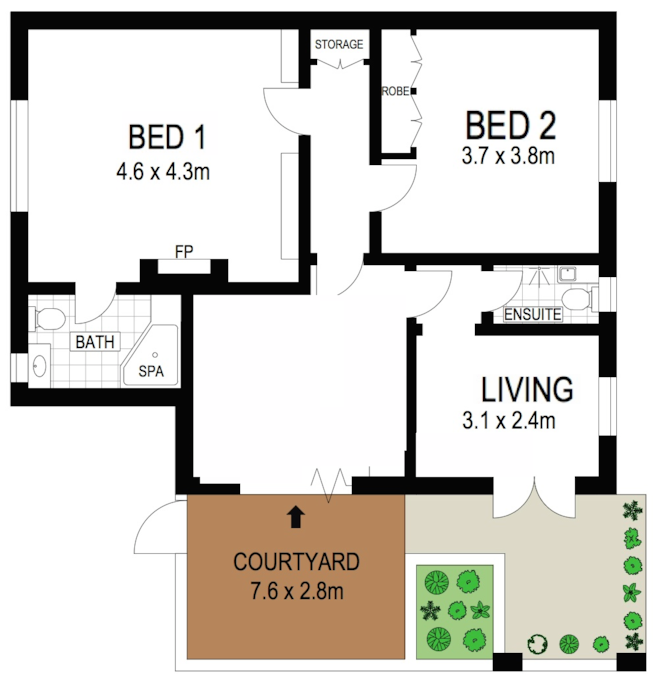 Floor plan - two really spacious bedrooms with plenty of storage space