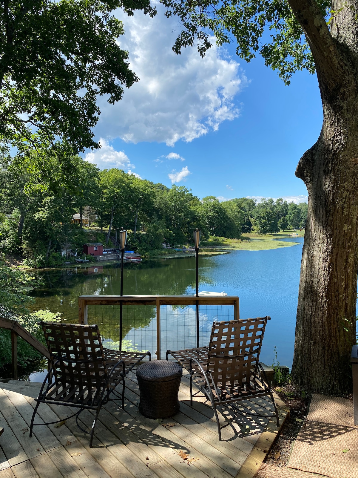 A serene view of the lake is framed by lush greenery. Two chairs with a small table are positioned on a wooden deck, offering a peaceful spot to enjoy the scenery. The water reflects the bright sky and surrounding trees, creating a calming atmosphere.