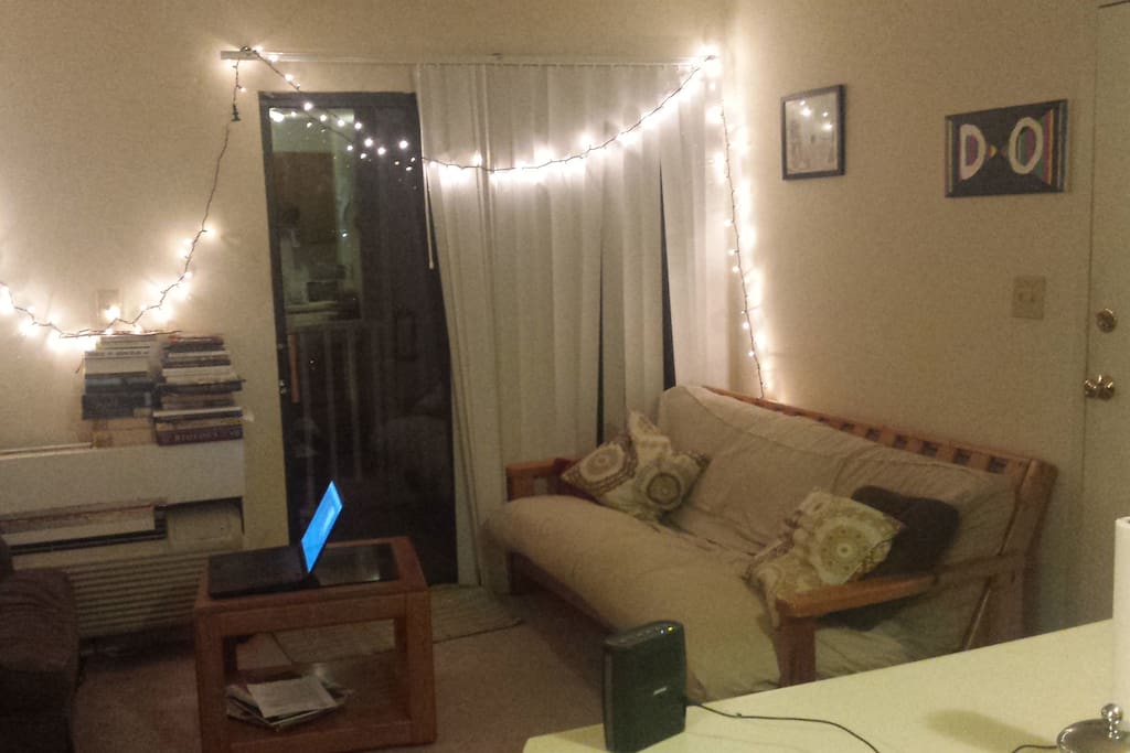 Futon folds to queen size bed.