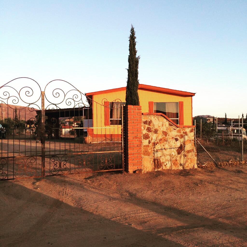 A vibrant orange house is framed by a welcoming wrought iron gate, surrounded by a sandy plot. The structure features large windows with grill work that lets in light, and a tall cypress tree enhances the property's natural setting.