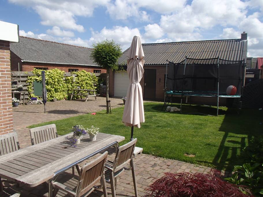Zonnige achtertuin met trampoline