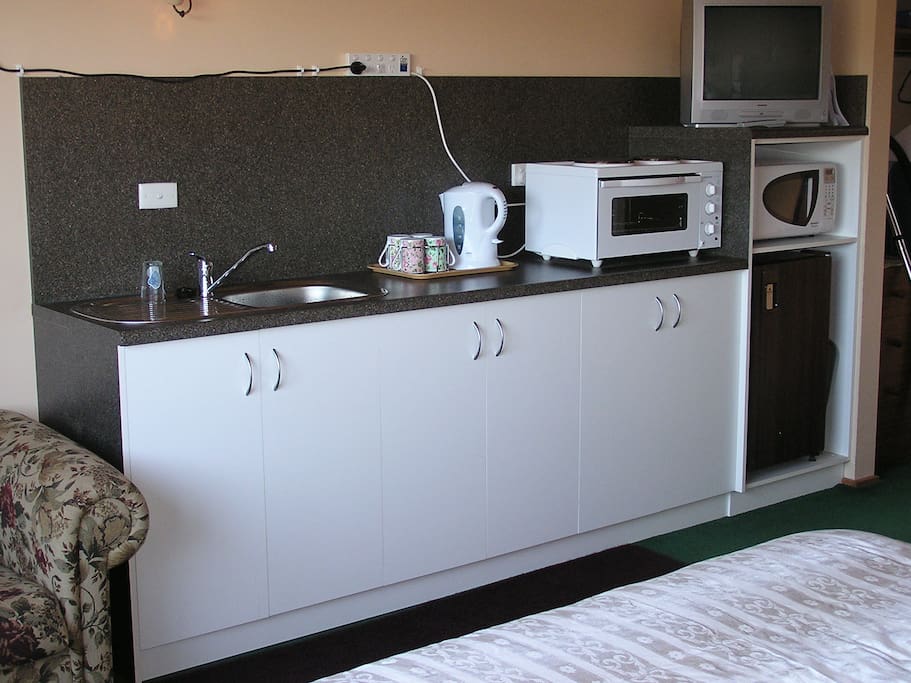 The room offers a kitchenette with a small stove/oven and microwave