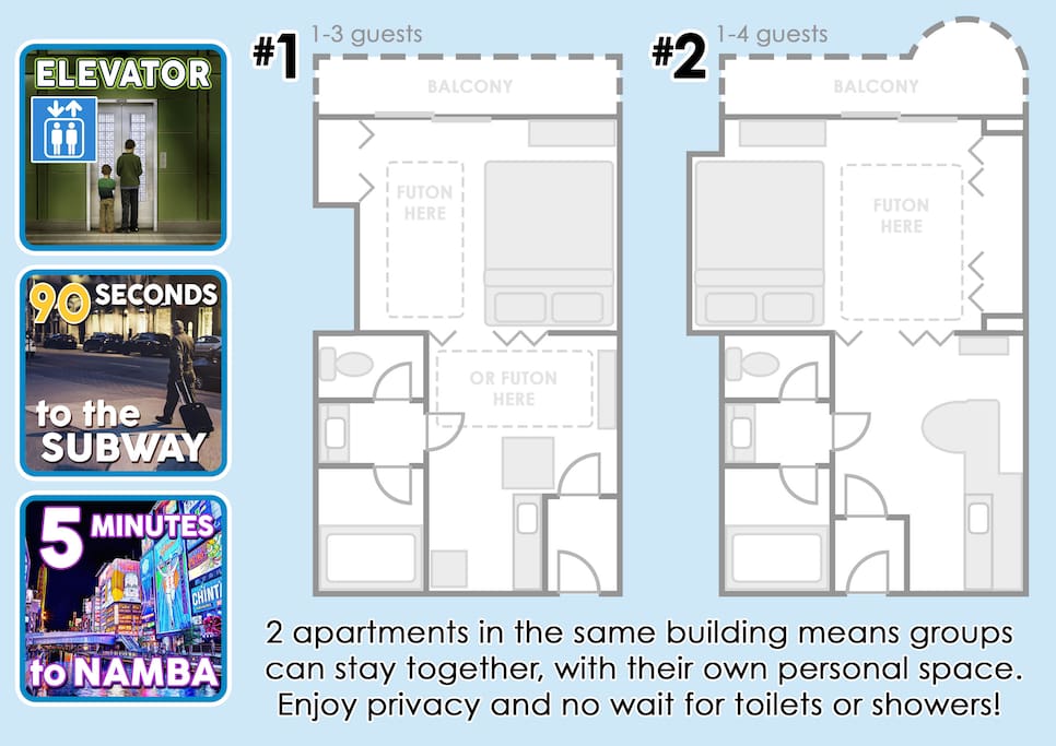 These two apartments (on different floors) provide perfect privacy and the convenience of separate facilities for larger groups.