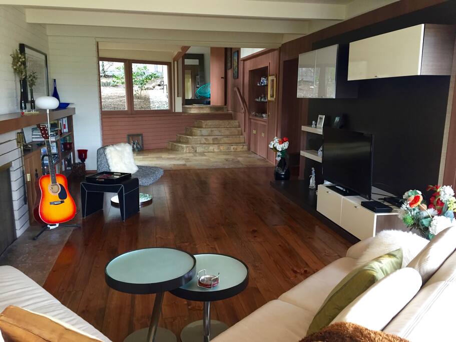 Living room space flows into elevated guest premises