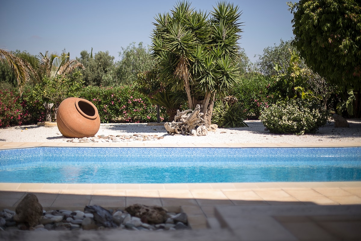 A private heated pool is framed by a well-maintained garden featuring tropical plants and shrubs. A decorative terracotta pot is placed near the water's edge, enhancing the serene outdoor space. Clear blue skies complement the tranquil setting.