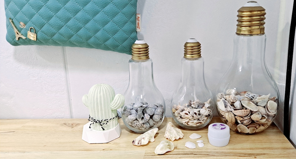 Three transparent glass containers resembling light bulbs are filled with various seashells and pebbles. A small cactus-shaped decoration sits on a white base beside them, along with a purple container. A wooden surface forms the background, adding a natural element to the scene.