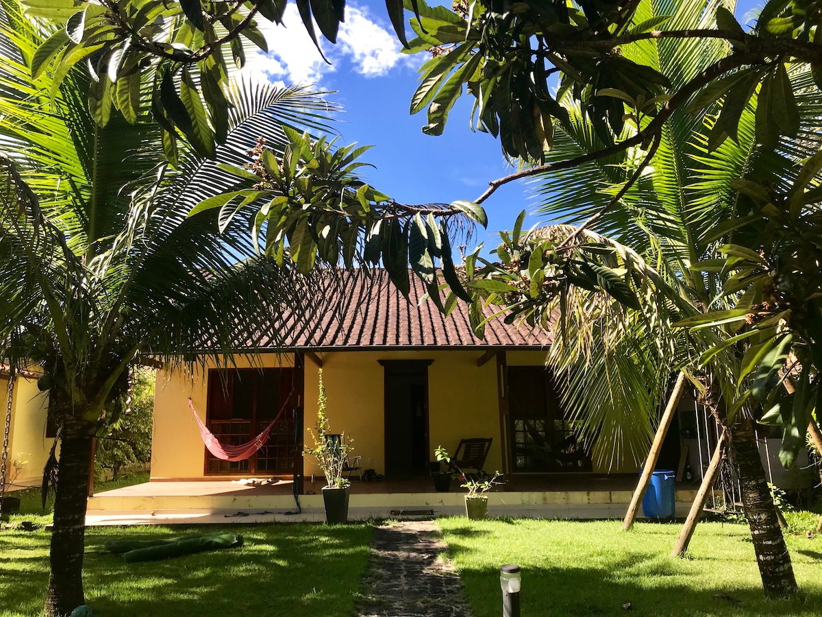The house is framed by lush greenery and palm trees, with a welcoming porch. A hammock is visible, along with a swing set, while a clear blue sky adds a bright backdrop to the scene. Pathways lead through the well-maintained garden.