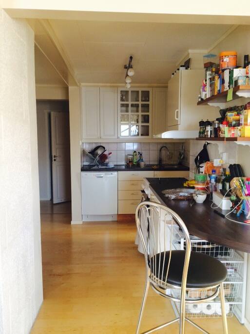 Kitchen is communal and fully stocked.