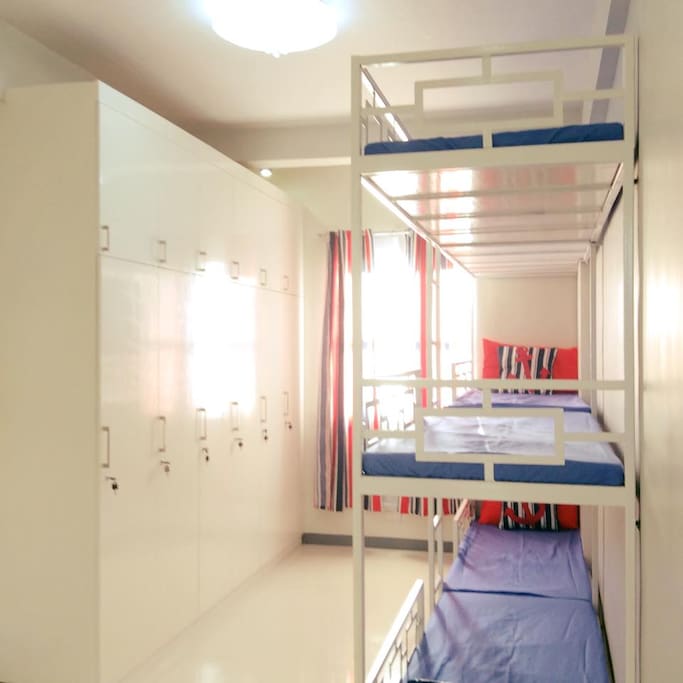 Each room has 6 individual cabinets with locks. Size 50cm with and 240cm height cabinet per person.