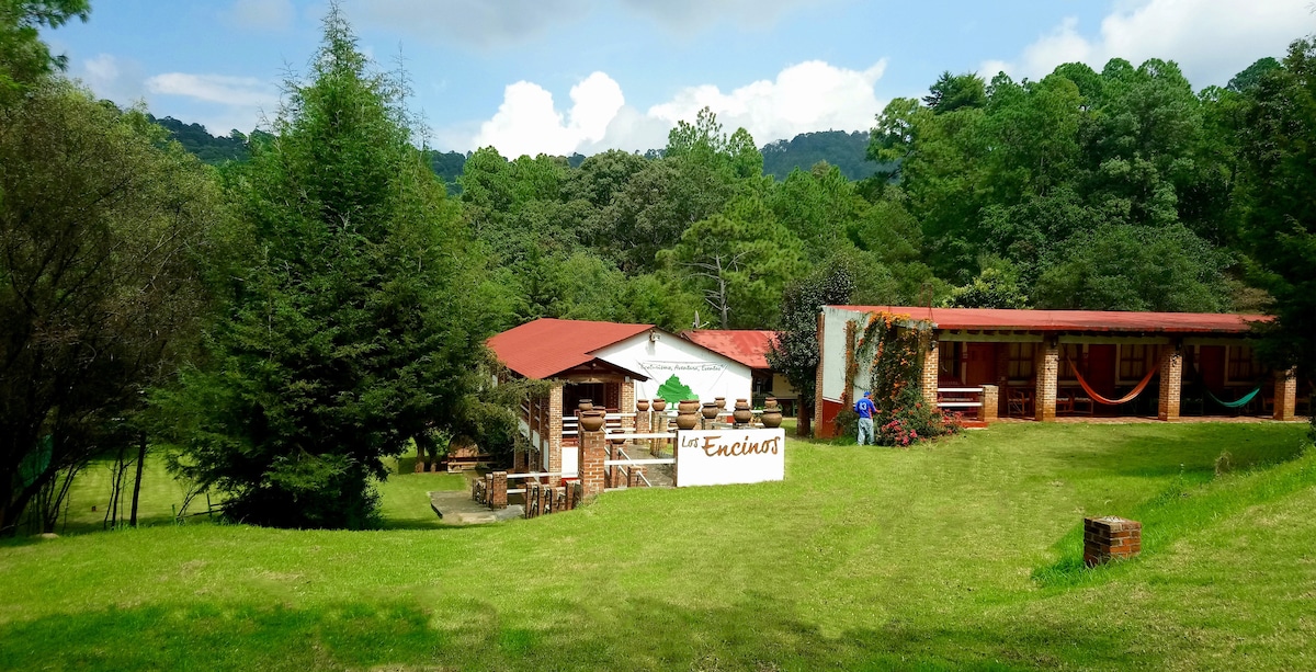 The outdoor area presents a spacious green lawn, framed by lush trees and a backdrop of mountains. The rustic buildings feature a mix of stone and wood, accompanied by seating arrangements on a large wooden patio. A welcoming sign indicates the entrance to Los Encinos.